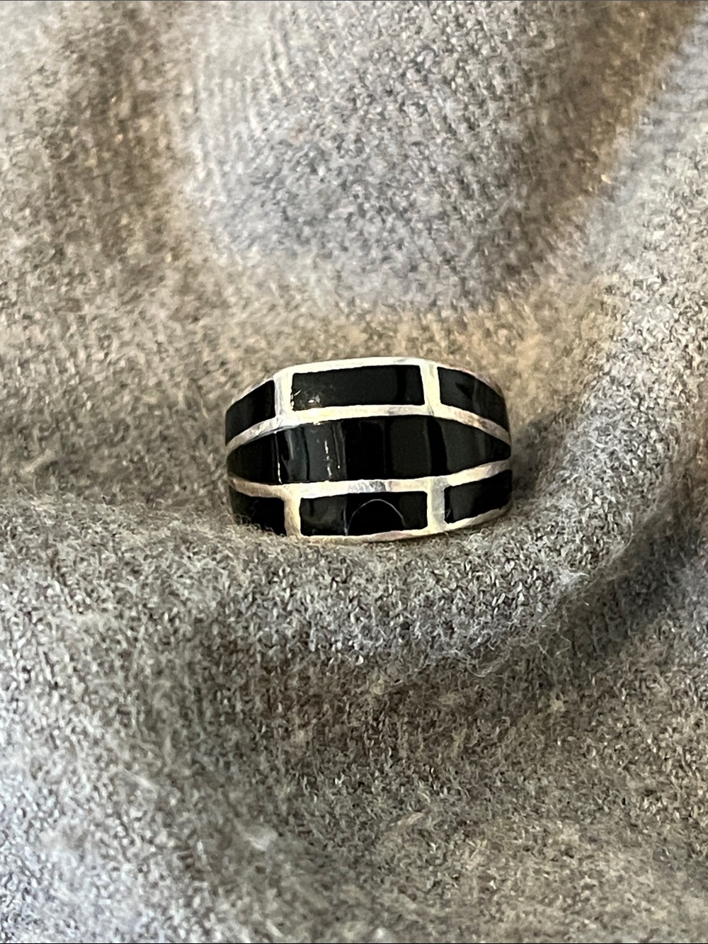 Sterling Black Onyx Inlaid Ring-5.5